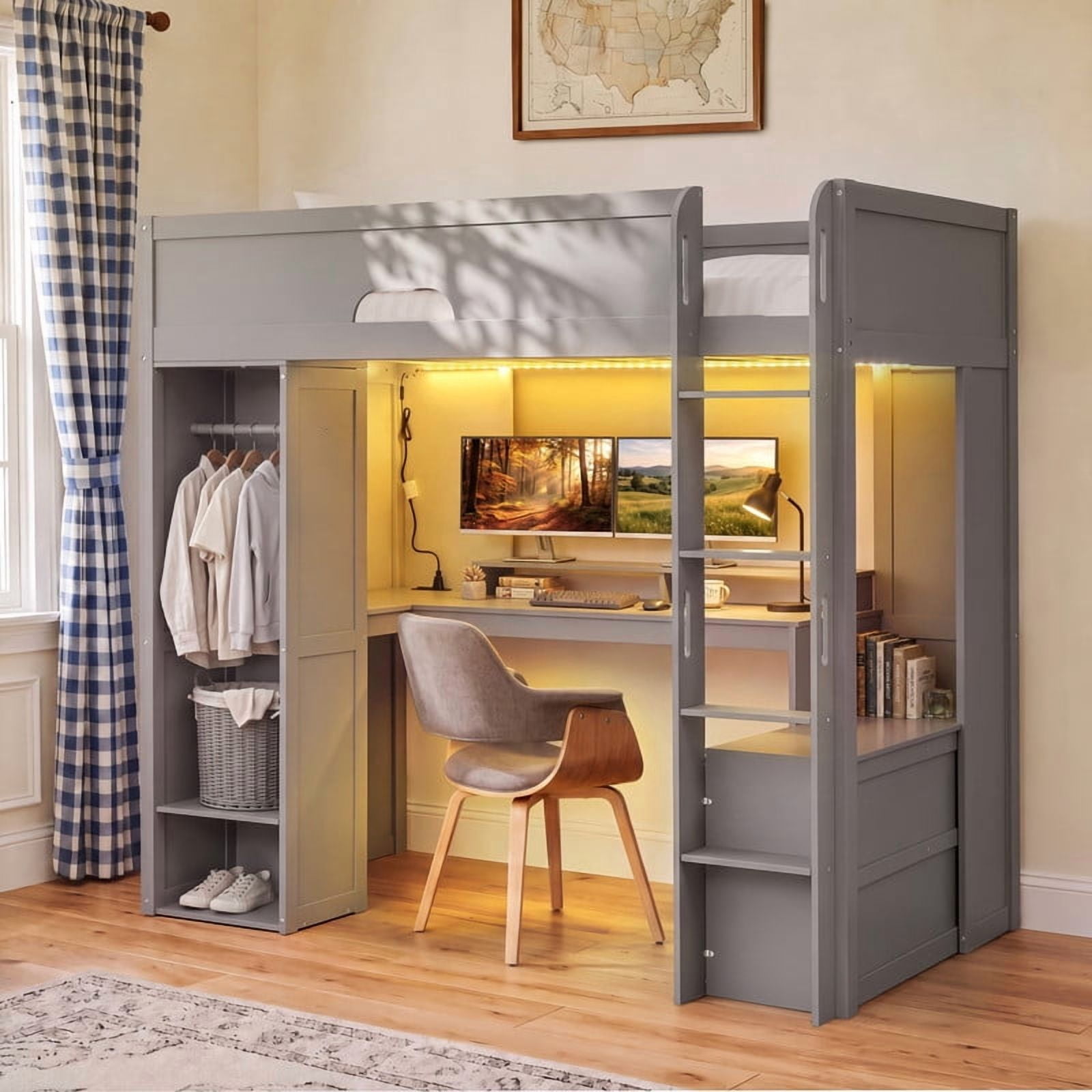 Twin Versatile Loft Bed with L-Shaped Desk, LED Light Strip & Charging Station, Storage Kids Bed Frame with Drawers & Wardrobe