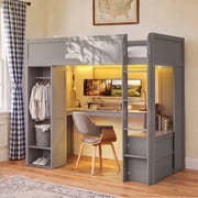 Twin Versatile Loft Bed with L-Shaped Desk, LED Light Strip & Charging Station, Storage Kids Bed Frame with Drawers & Wardrobe