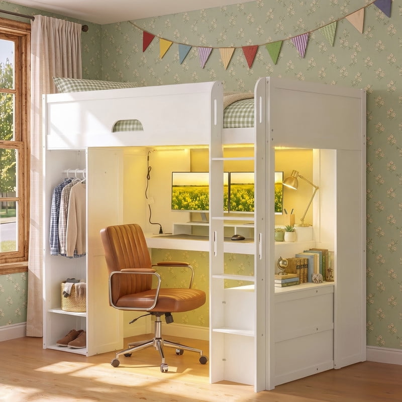 Twin Versatile Loft Bed with L-Shaped Desk, LED Light Strip & Charging Station, Storage Kids Bed Frame with Drawers & Wardrobe
