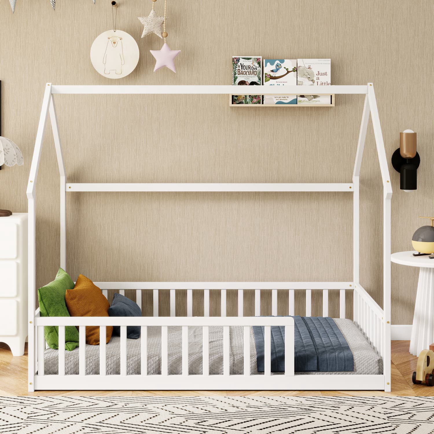 Twin White House Floor Bed with Full Safety Fence, Solid Pine Wood Montessori Kids Playhouse Bed Frame No Box Spring Needed Max 250 LBS for Toddler Bedroom Nursery