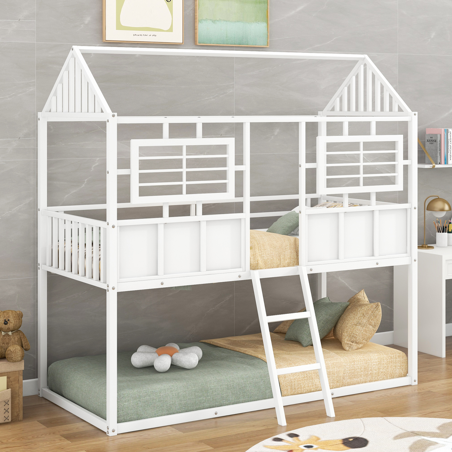 Twin over Twin White Metal Low Bunk Beds House Roof Design & FenceShaped Guardrail, Ideal for
