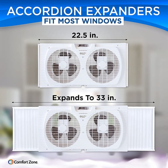 Twin Window Fan with Reversible Airflow Control, 9 inch, Auto-Locking Expanders, 2 Speed Fan, Dual Fan, Exhaust, Airflow 9.84 ft/sec, Ideal for Home, Kitchen, Bedroom & Office, CZ319WT