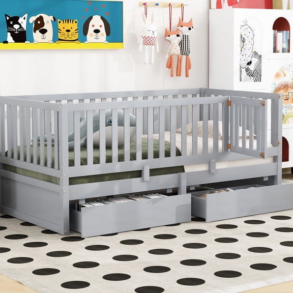 Twin Wood Daybed In Gray With Fence Guardrails & 2 Drawers. Space Saving Concept, Convertible To Beds. Strong And . Simple Assemble. 78.1"l X 40.2"w 34.5"h. Mattress Not Included. 300lbs Load