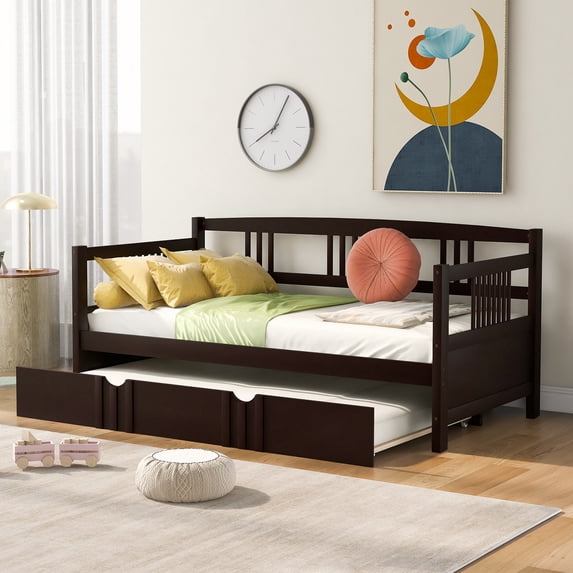 Twin Wood Daybed with Roll Out Twin Trundle, Trundle Daybed Twin Size, Standard Twin Bed Frame, No Box Spring Required Sturdy Sofa Bed for Bedroom Living Room