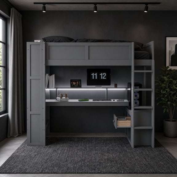 Twin Wood Gaming Loft Bed with Desk & Storage Shelves, LED Lights & Charging Station, No Box Spring, Gray