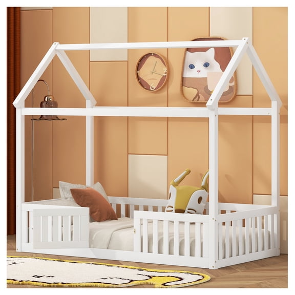 Twin Wood House Bed with Fence and Door, White, Box Spring Not Required