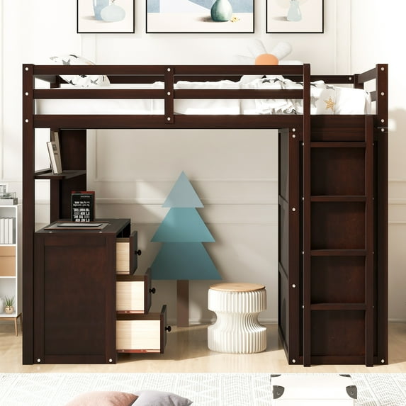 Twin Wood Loft Bed with Ladder and Guard Rail, Loft Bed with Drawers, Desk and Wardrobe, Loft Twin Bed for Teenagers, Multiple Functions Bed(Espresso)