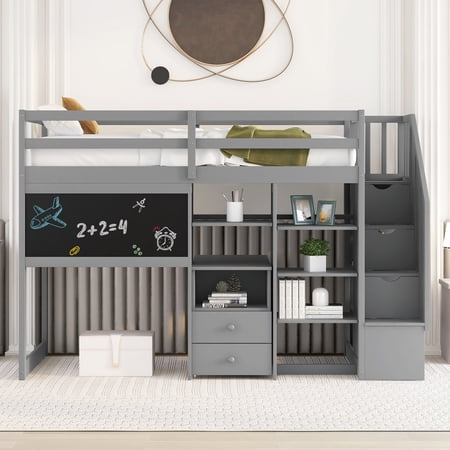 Twin Wood Loft Bed with Pullable Desk and Storage Shelves, Staircase and Blackboard, Loft Bed with Desk and Shelves, Loft Twin Bed for Teenagers, Multiple Functions Bed(Gray)