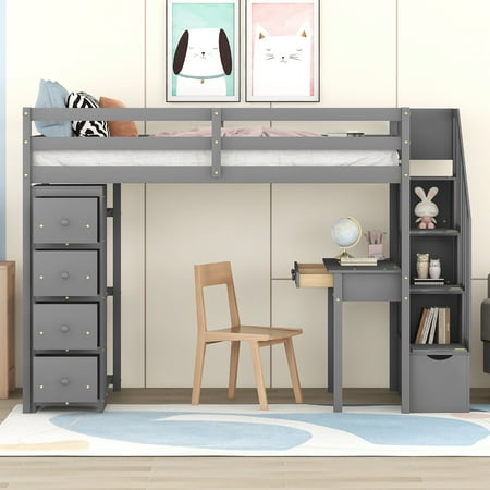 Twin Wood Loft Bed with Stairs and Wardrobe, Loft Bed with Storage Shelves and Drawer, Loft Twin Bed with Desk, Maximized space for Teenagers, Multiple Functions Bed(Gray)