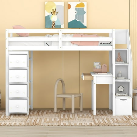 Twin Wood Loft Bed with Stairs and Wardrobe, Loft Bed with Storage Shelves and Drawer, Loft Twin Bed with Desk, Maximized space for Teenagers, Multiple Functions Bed(White)