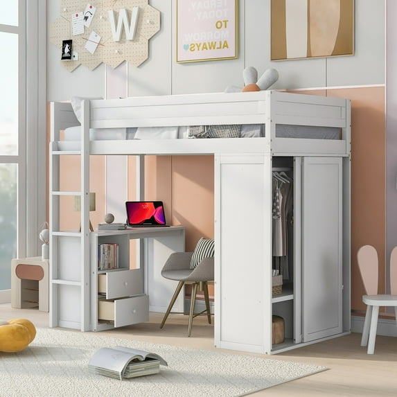 Twin Wood Loft Bed with Wardrobes and 2-Drawer Desk with Cabinet, Loft Twin Bed with Desk for Teenagers, Multiple Functions Bed, Easy to Assemble (White)