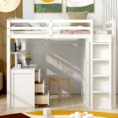 Twin Wood Loft Bed with Ladder and Guard Rail, Loft Bed with Drawers, Desk and Wardrobe, Loft Twin Bed for Teenagers, Multiple Functions Bed(White)