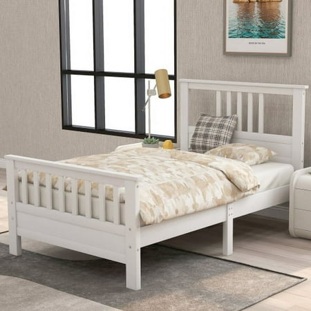 Twin Wood Platform Bed with Headboard and Footboard, Heavy Duty Platform Metal Bed Frame Twin with Wooden Slat Support, No Box Spring Needed, No Noise Bed Frame (White, Twin)
