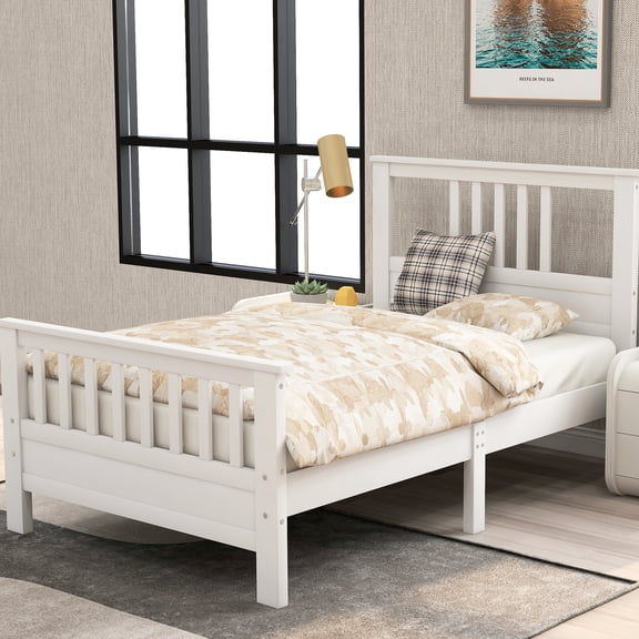 Twin Wood Platform Bed With Gorgeous Headboard And , White - 10 Slats For Mattress, Headboard, Easy Assembly