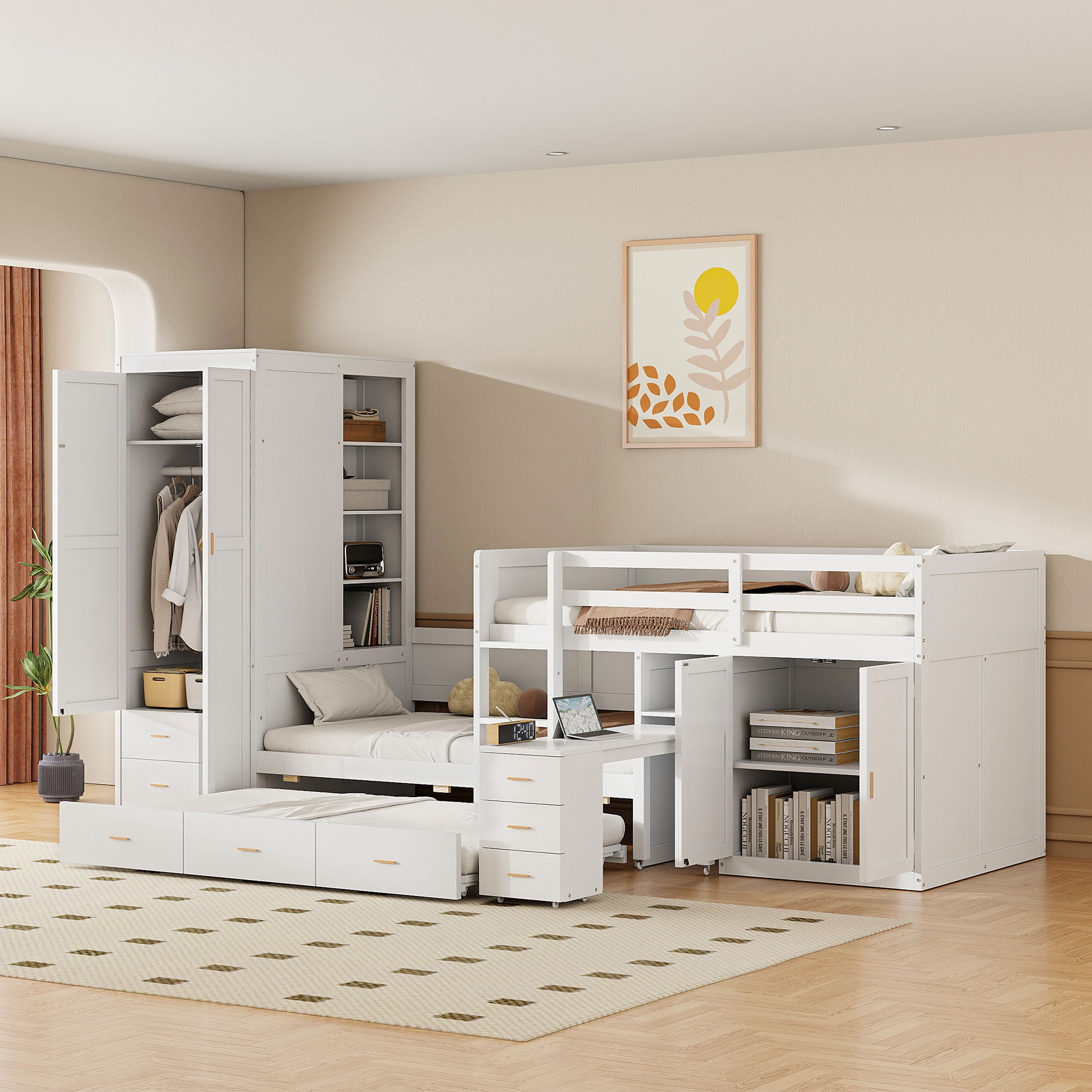 Twin Wooden Bunk Bed with Trundle, Cabinet, Wardrobe, Desk and Drawers