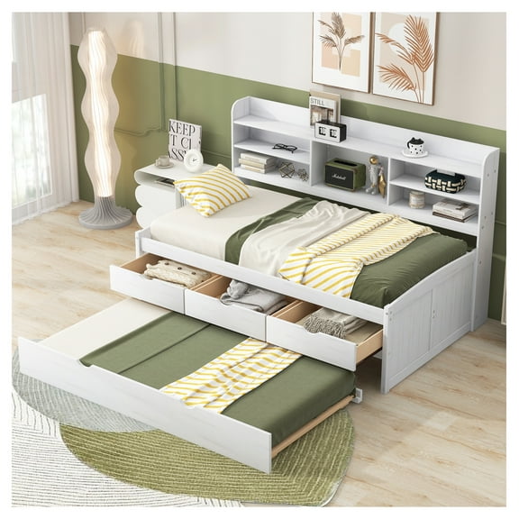 Twin Wooden Captain Bed with Built-in Bookshelves, 3 Storage Drawers & Trundle, White Wash, Box Spring Not Required