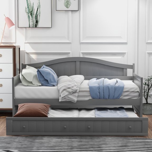 Twin Wooden Daybed with Trundle Bed, Space-Saving Sofa Bed with Classic Beadboard Design, Sturdy Pine Frame, No Box Spring Needed, for Living Room, Guest Room, Gray