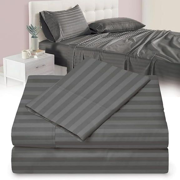 Twin XL 100% Microfiber Double Brushed Sheet Set - Extra-Soft & Wrinkle-Free - 15" Deep Pockets, 39" x 80" - Ideal for Dorms, Hospitals & Split King Beds - 3 PC Set (Twin XL, Damask Grey Stripe)