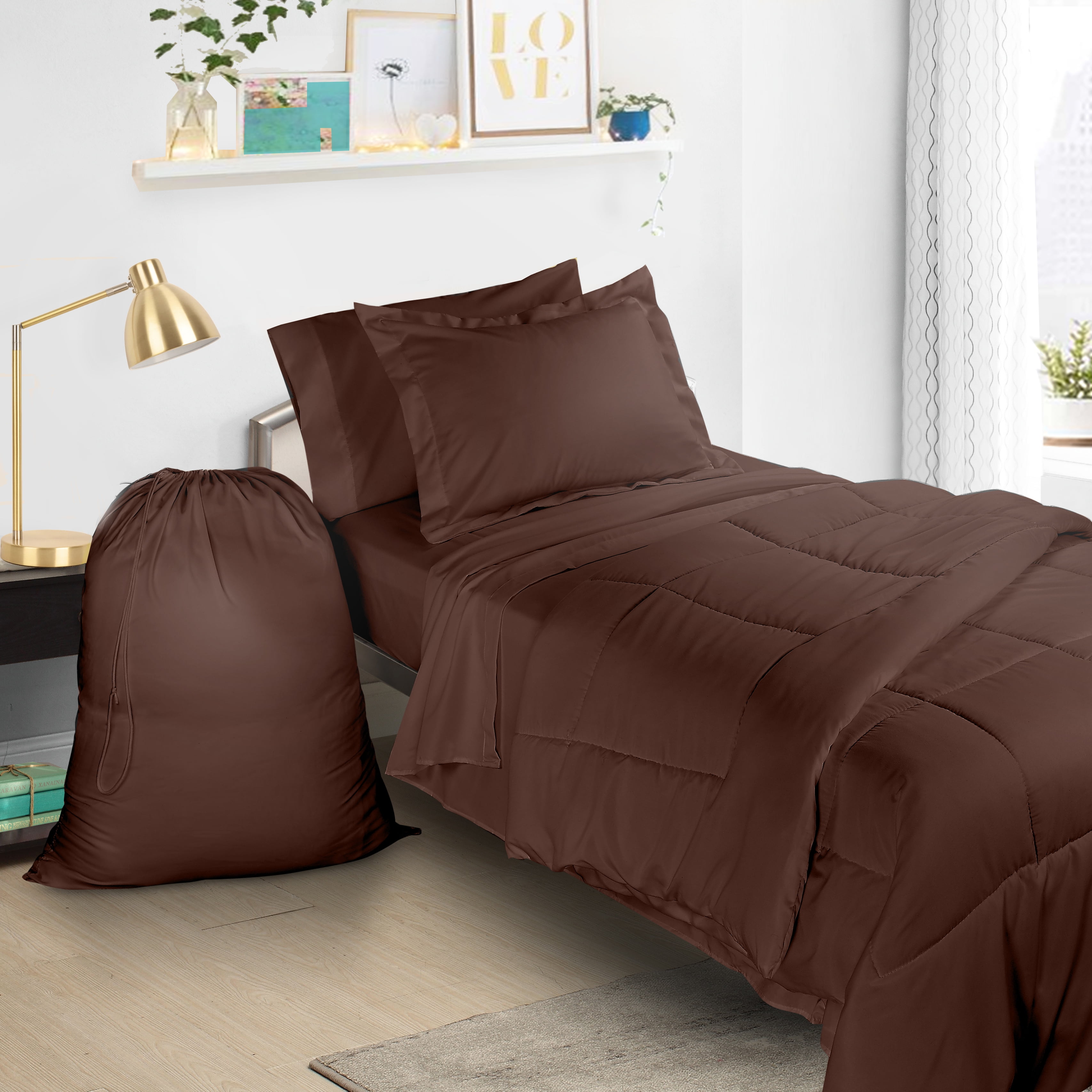 Twin XL Bed In A Bag 6pcs Bedding - Comforter Set, Chocolate Brown, - College School Dorm bedroom Value Essential Bundle, Includes Flat and Fitted Sheets, Pillowcase, Pillow Sham and Laundry Bag