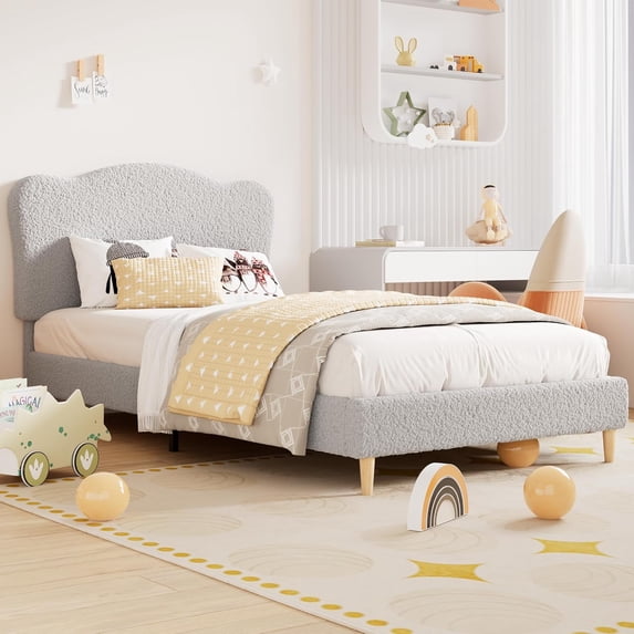 Twin XL Bed Frame with Adjustable Headboard, Sherpa Fleece Upholstered Modern Platform Bed Frame with Sturdy Wood Slats, No Box Spring Needed, Easy Assembly, Light Grey
