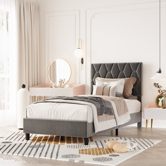 Twin XL Bed Frame with Adjustable Headboard, Upholstered Headboard, Upholstered Bed Frame, Heavy-Duty Platform with Wood Slats, No Box Spring Needed, Easy Assembly, Noise Free