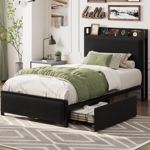 Twin-XL Bed Frame with Storage Headboard & Charging Station - Black Corduroy Upholstered Platform Bed with Storage Drawers, No Box Spring Needed, Noise-Free
