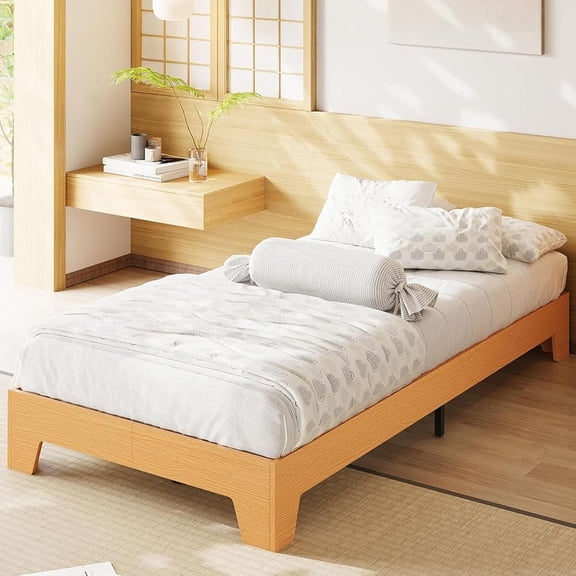 Twin-XL Bed Frame, Wooden Platform Bed Frame, Minimalist Bed with Wood Slats Support, Underbed Space for Storage, No Box Spring Required, Noise-Free, Easy Assembly