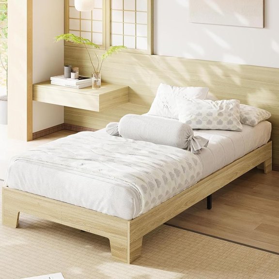 Twin-XL Bed Frame, Wooden Platform Bed Frame, Minimalist Bed with Wood Slats Support, Underbed Space for Storage, No Box Spring Required, Noise-Free, Easy Assembly