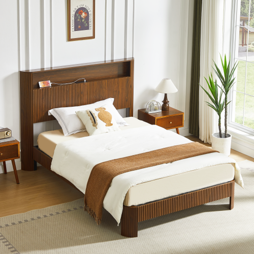 Twin XL Bed Frame with Storage Headboard, Built-in Charging Station, Wave Design, Silent Operation, 1000LB Capacity,Walnut Finish