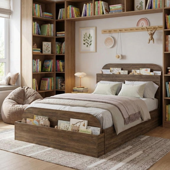 Twin XL Bed Frame with Storage Headboard & Footboard, Low-Profile Platform Bed with Wooden Slats, No Box Spring Needed, Walnut