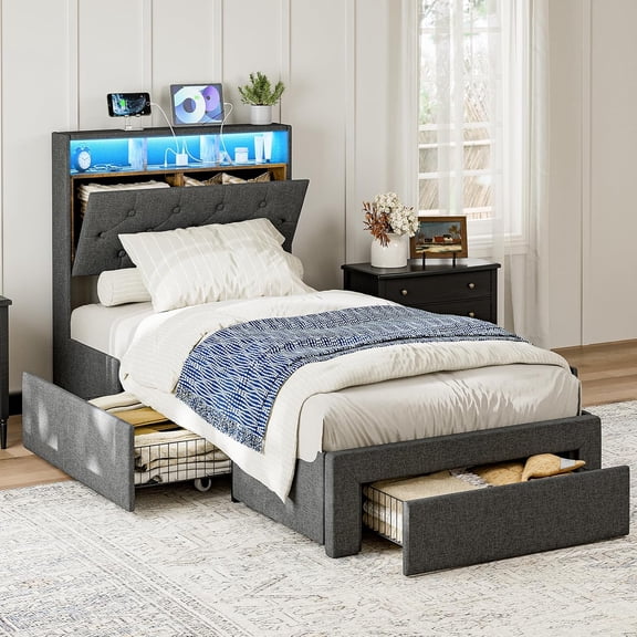 Twin XL Bed Frames with Storage Drawers, Hidden Storage Headboard with LED Lights & Charging Station, Upholstered Twin XL Platform Bed, No Box Spring Needed, Noise-Free, Dark Grey