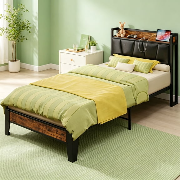 Twin XL Bed Frames, Storage Headboard with Charging Station, Solid and Stable, Noise Free, No Box Spring Needed, Easy Assembly (Vintage and Black)