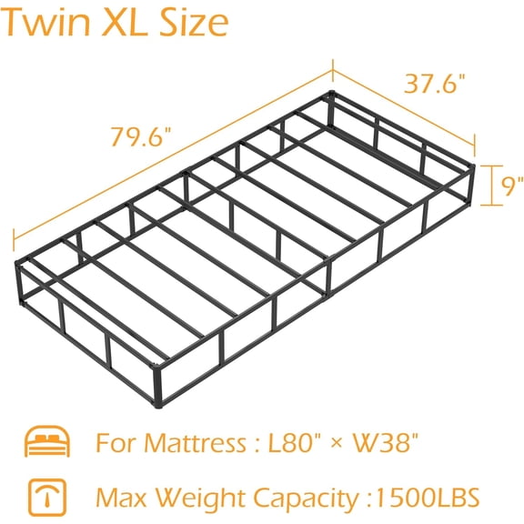 Twin XL Box Spring 9 Inch, Heavy Duty Metal Box Spring Bed Base with Fabric Cover, Mattress Foundation, Easy Assembly, Noise Free, Black