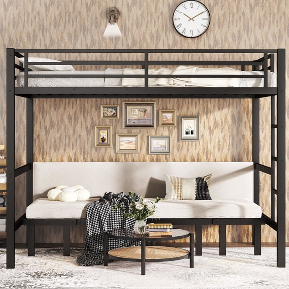 Twin XL Bunk Bed, Pull-Out Sofa Bed with 3-Section Lower Bunk & Safety Rails, Space-Saving Metal Bunk Bed for Guest Room, Teens & Small Spaces, Black