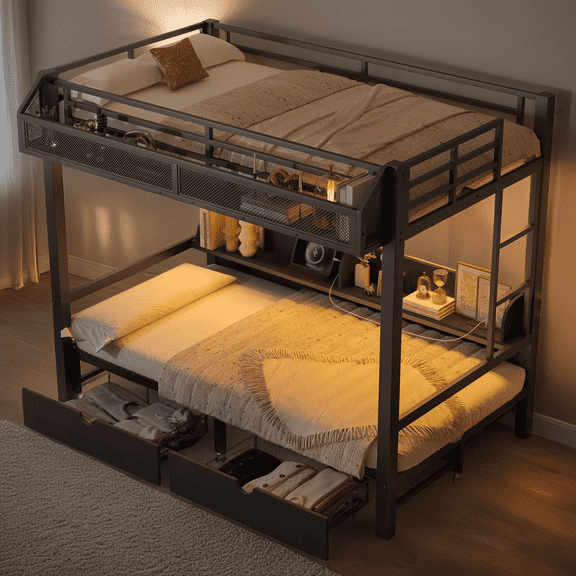 Twin XL Bunk Bed with Storage & Lights, Multifunctional Metal Bunk Bed with USB Ports, Shelves, Drawers, and Convertible Sofa, Black