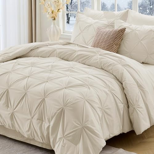 Twin XL Comforter Set, 5-Piece Bed in a Bag, Pintuck Bedding Sets for All Season, Includes Comforter, Flat Sheet, Fitted Sheet, Pillowcase and Pillowsham, Beige