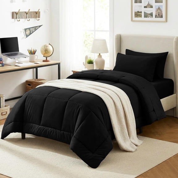 Twin XL Comforter Set Black 5 Pieces All Season Bedding with Quilted Comforter Flat Sheet Fitted Sheet Pillowcases