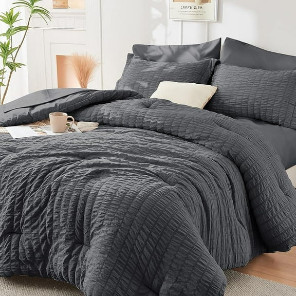 Twin XL Comforter Set Seersucker 5 Pieces, All Season Luxury Bed in a Bag for Bedroom, Bedding Set with Comforter, Sheet, Pillowcase & Sham, Dark Grey