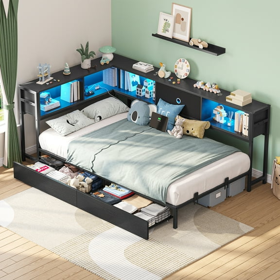 Twin XL Corner Bed Frame with Bookcase Storage and Led Lights,Daybed Frame with Charging Station,Metal Platform Bed Frame with Storage Drawers Underneath for Living Room,Bedroom & Guest Room,Black