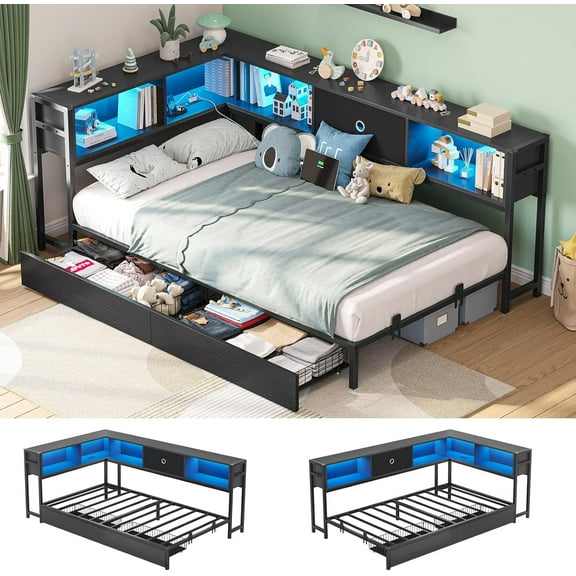Twin XL Corner Bed Frame with Storage Bookcase,Twin XL Daybed with Charging Station and Led Lights,Metal Platform Bed Frame with Storage Drawers Underneath for Living Room,Bedroom & Guest Room,Black