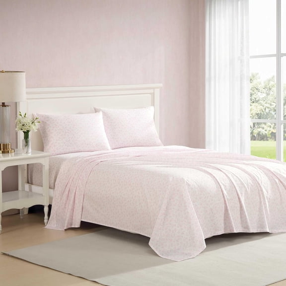 Twin XL Cotton Percale Sheet Set with Floral Toile Pattern in Pink