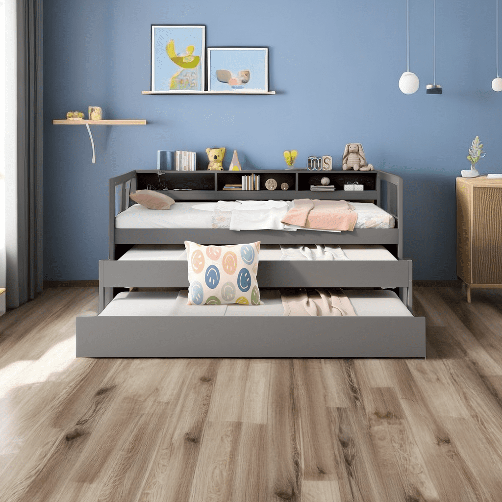 Twin XL Daybed with 2 Trundles, 3 Storage Cubbies, Portable Light and