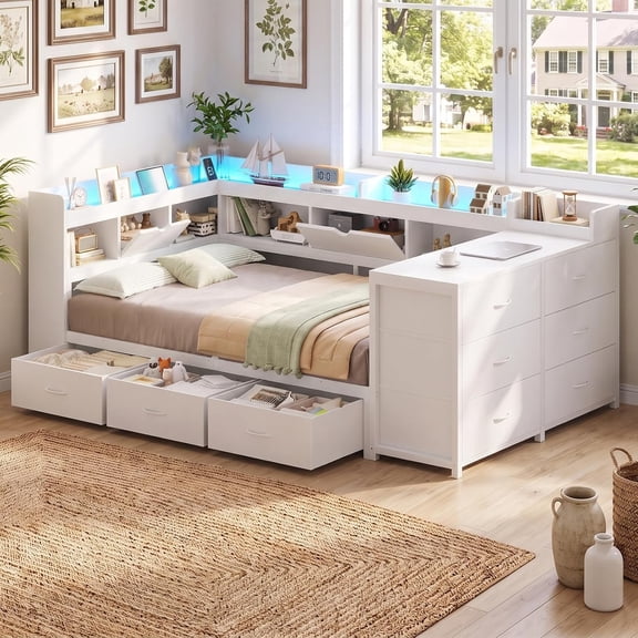 Twin XL Daybed with 9 Drawers & Bookcase Storage Metal Platform Corner Bed with Hidden Storage, White