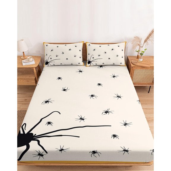 Twin XL Fitted Bed Sheet Set Halloween Theme Scary Spiders- Animals Bedsheet & Pillowcase Sets-1 Deep Pocket Elastic Bedspread for 16In Mattress with 1 Decorative Pillowcase Black