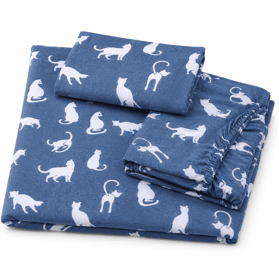 Twin XL Flannel Sheets Set 100% Cotton, 3 Piece White Cat Print Bed Sheets, Double Brushed Soft Breathable, Deep Pocket 16 Inch