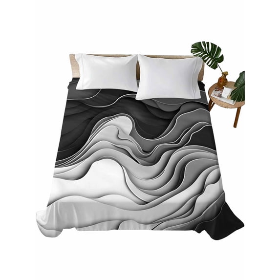 Twin XL Flat Sheet 66"x102", Black Grey Ombre Soft Lightweight Bedding Flat Sheets Only, Abstract Modern Geometric Moire Art Brushed Microfiber Top Bed Sheet, Breathable StainResistant Bedsheets