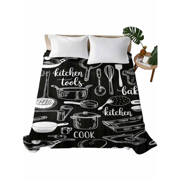 Twin XL Flat Sheet 66"x102", Black Kitchenware Soft Lightweight Bedding Flat Sheets Only, Modern Funny Cook Tools Spoons Forks Brushed Microfiber Top Bed Sheet, Breathable StainResistant Bedsheets
