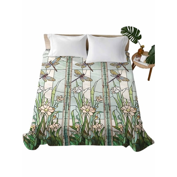 Twin XL Flat Sheet 66"x102", Dark Green Grass Soft Lightweight Bedding Flat Sheets Only, Flower Dragonfly Retro Pastoral Rustic Brushed Microfiber Top Bed Sheet, Breathable StainResistant Bedsheets