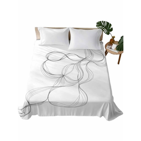 Twin XL Flat Sheet 66"x102", Modern White Soft Lightweight Bedding Flat Sheets Only, Minimalist Abstract Ribbon A Sketch Rt Brushed Microfiber Top Bed Sheet, Breathable StainResistant Bedsheets