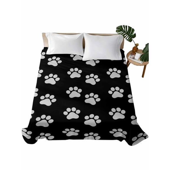 Twin XL Flat Sheet 66"x102", Pet Paw Printed Soft Lightweight Bedding Flat Sheets Only, Modern Dog Footprints Black Grey Brushed Microfiber Top Bed Sheet, Breathable StainResistant Bedsheets